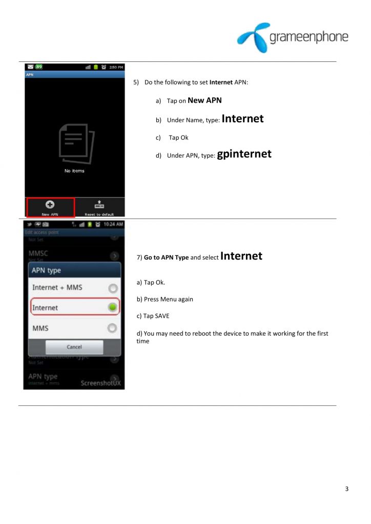 GP Internet Settings For Android device